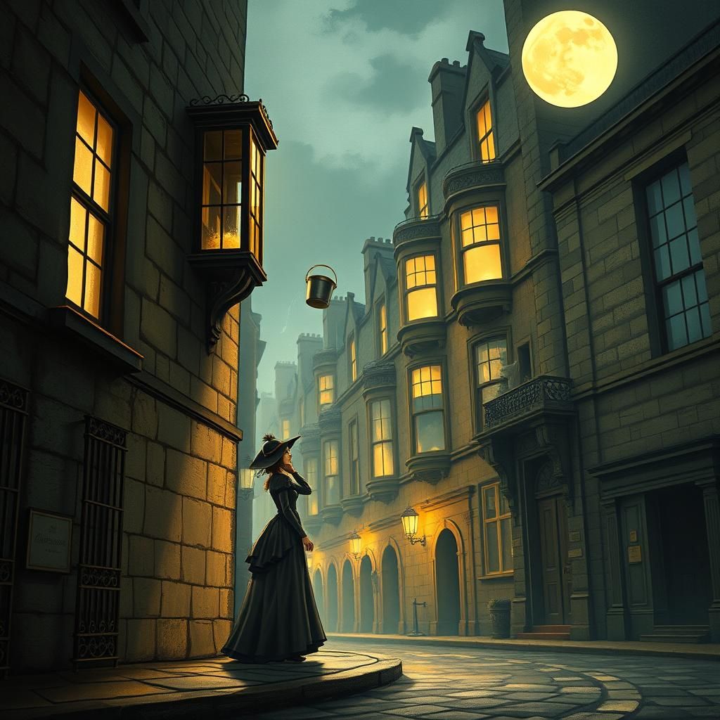 Victorian Woman's Moonlit Edinburgh Gardyloo, Dreamlike Art