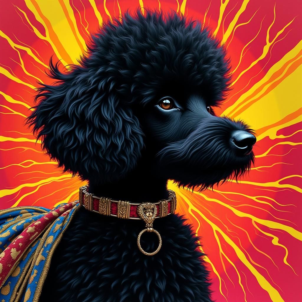 Heroic Black Poodle with Flying Cape in Warhol Style