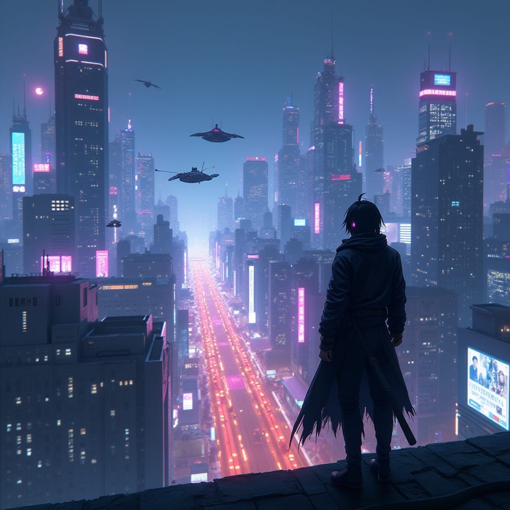 Futuristic Anime Cityscape with Neon Lights and Flying Vehic...