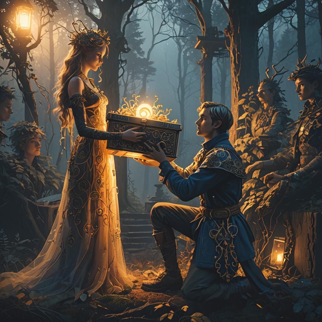 Glowing Ornate Box in Mystical Moonlight Forest