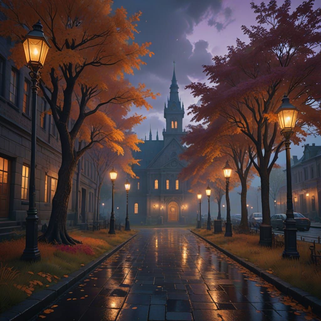 Mystical College Campus Under Stormy Autumn Skies