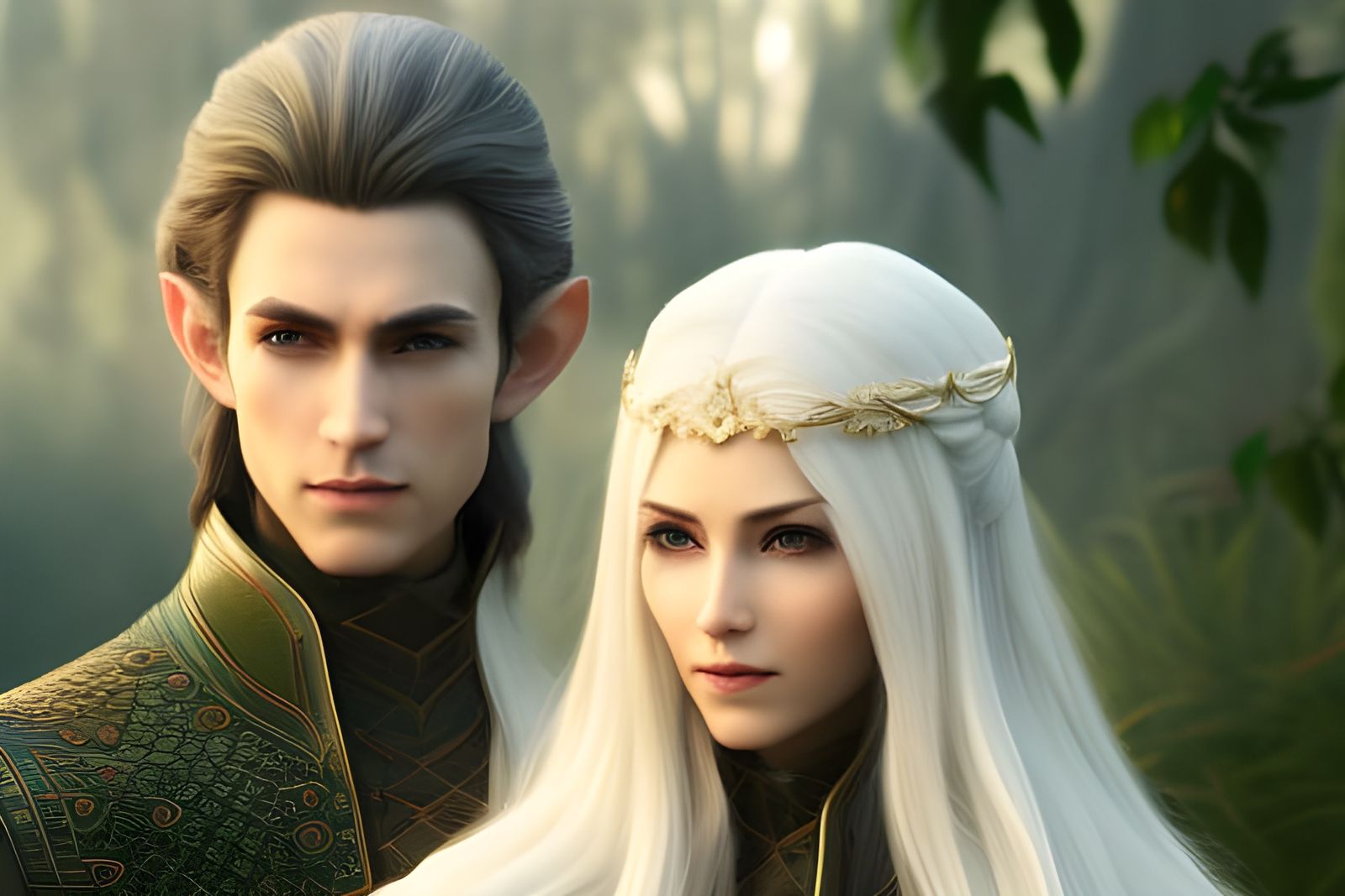 Elegant Elven Couple Portrait in Watercolor Style