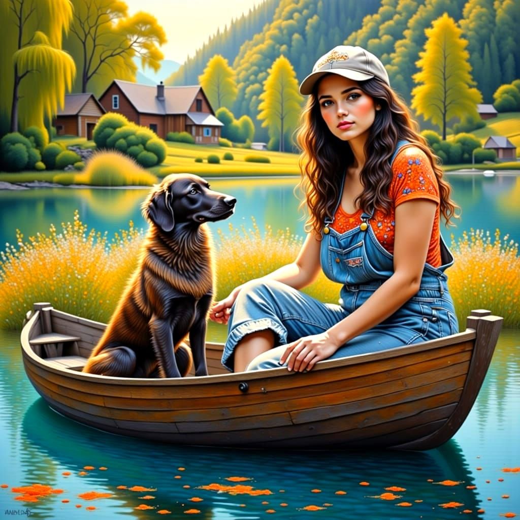 Dark Haired Girl in Turquoise Lake Landscape