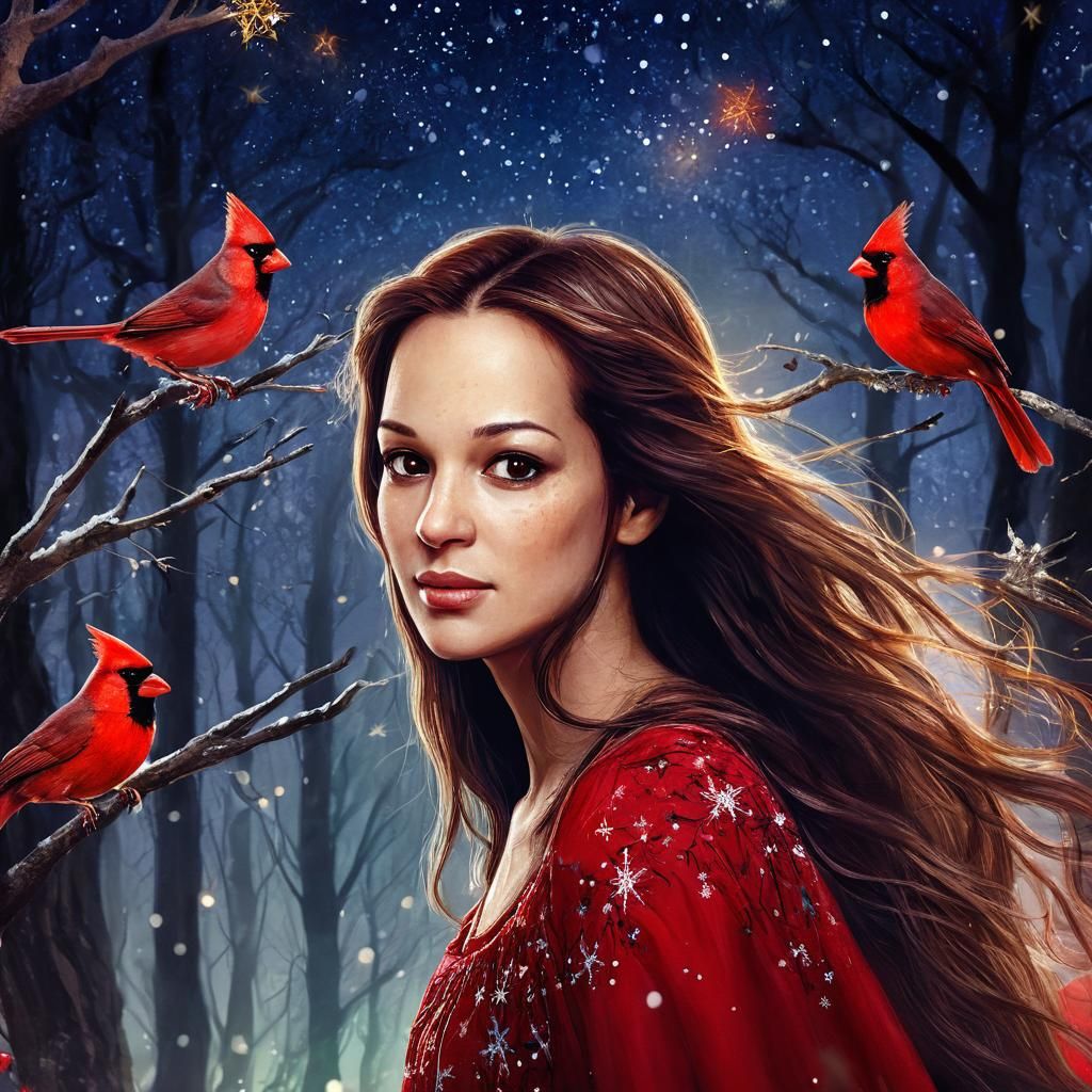 Gorgeous Fairy in Forest with Cardinals: Fantasy Portrait