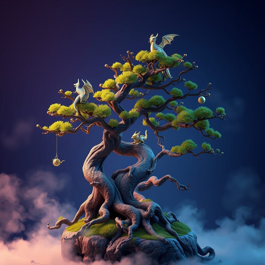 Majestic Bonsai Tree with Iridescent Dragons in Enchanted Mi...