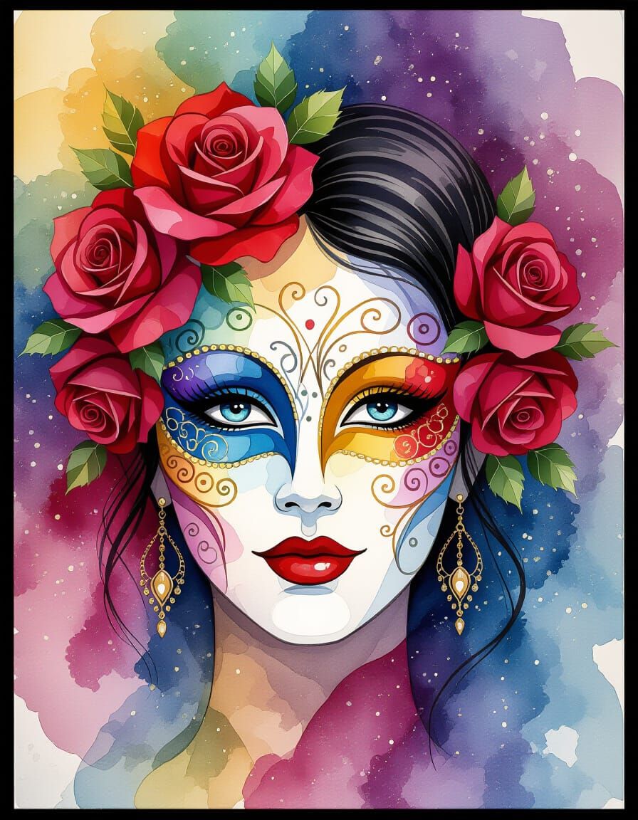 Harlequin Masked Women with Roses in Alcohol Ink