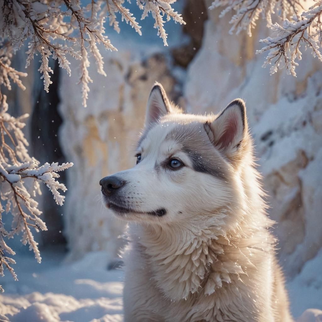 Husky Pup Plays in Snowy Cave: Fantasy Matte Painting