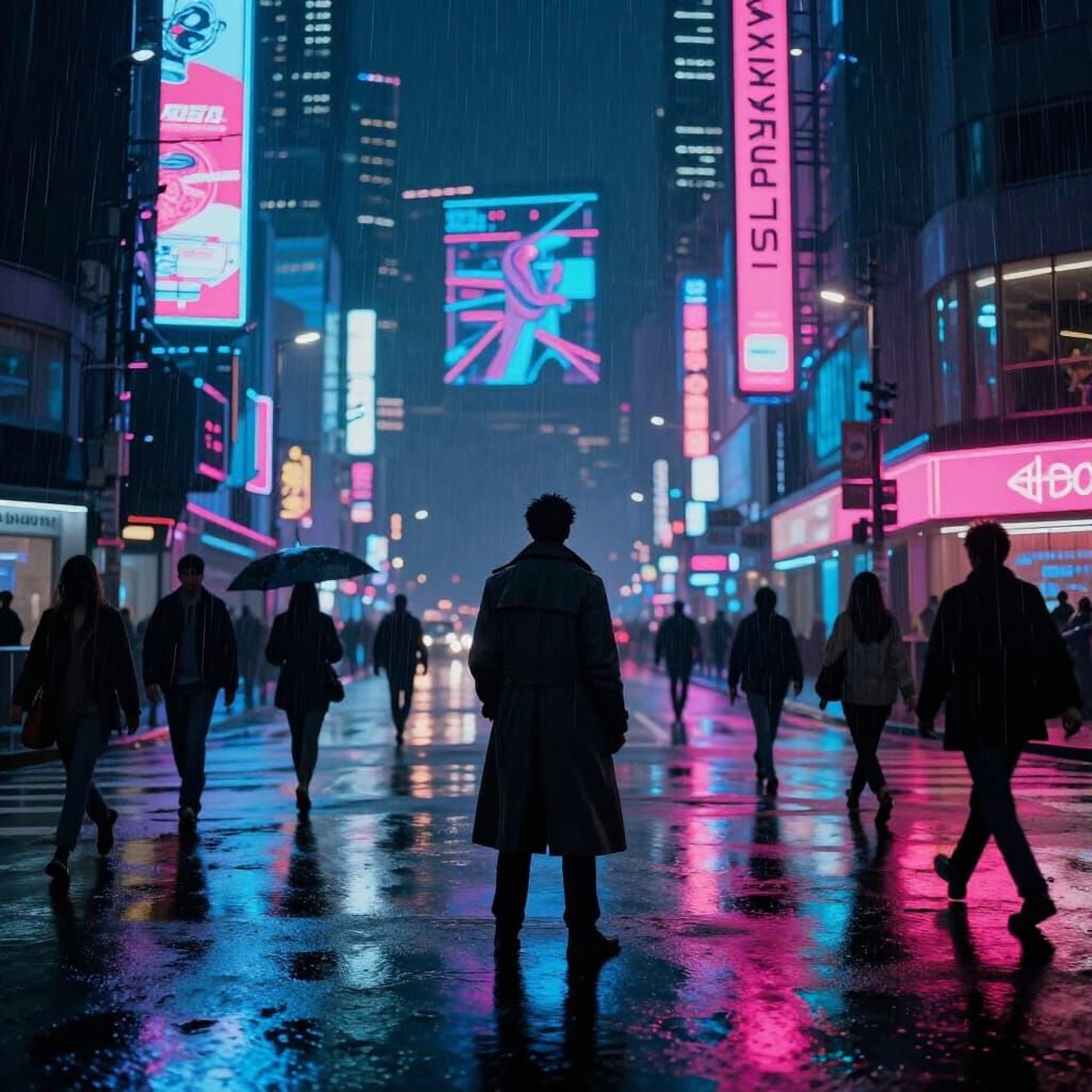 Cyberpunk City Street at Night in Neon Glow