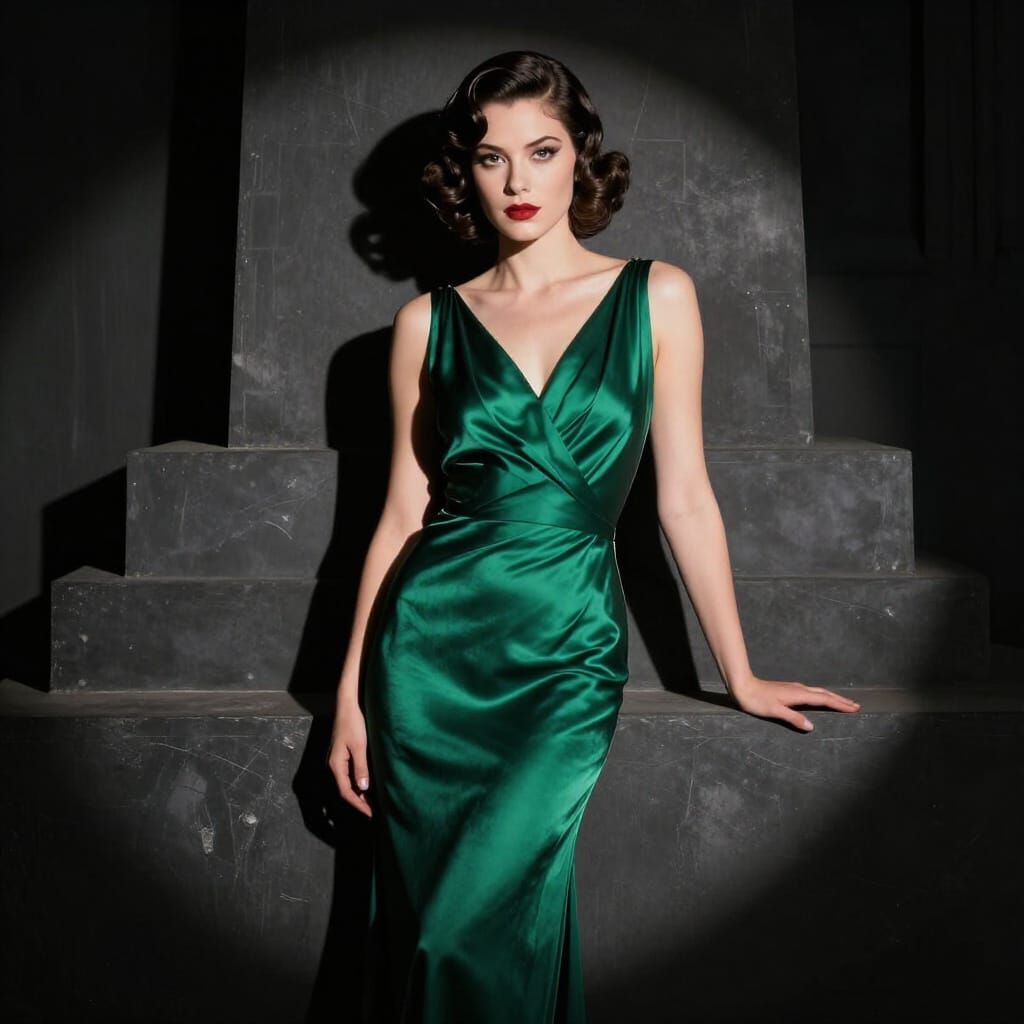Art Deco Portrait: Jade Gown in Dramatic Light