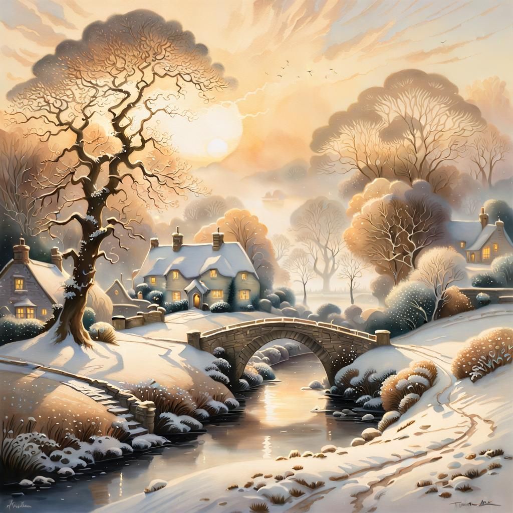 English Countryside in Winter, Watercolor Painting