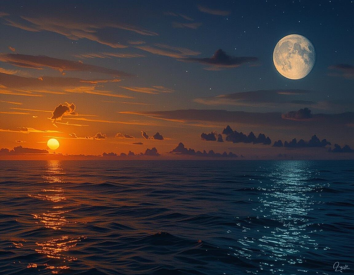 Serene Seascape at Dusk with Moonlit Glow