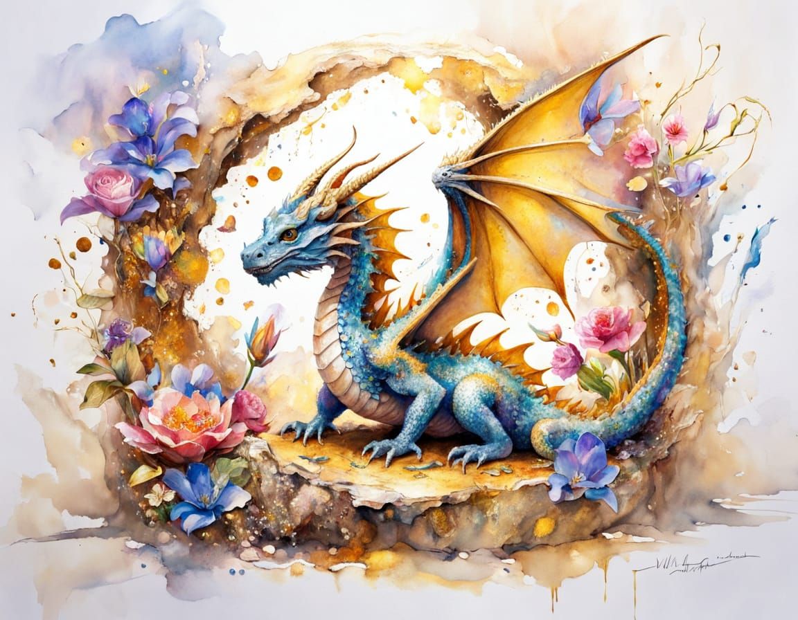 Adorable Chibi Dragon Hatching in Sunlit Treasure Cave