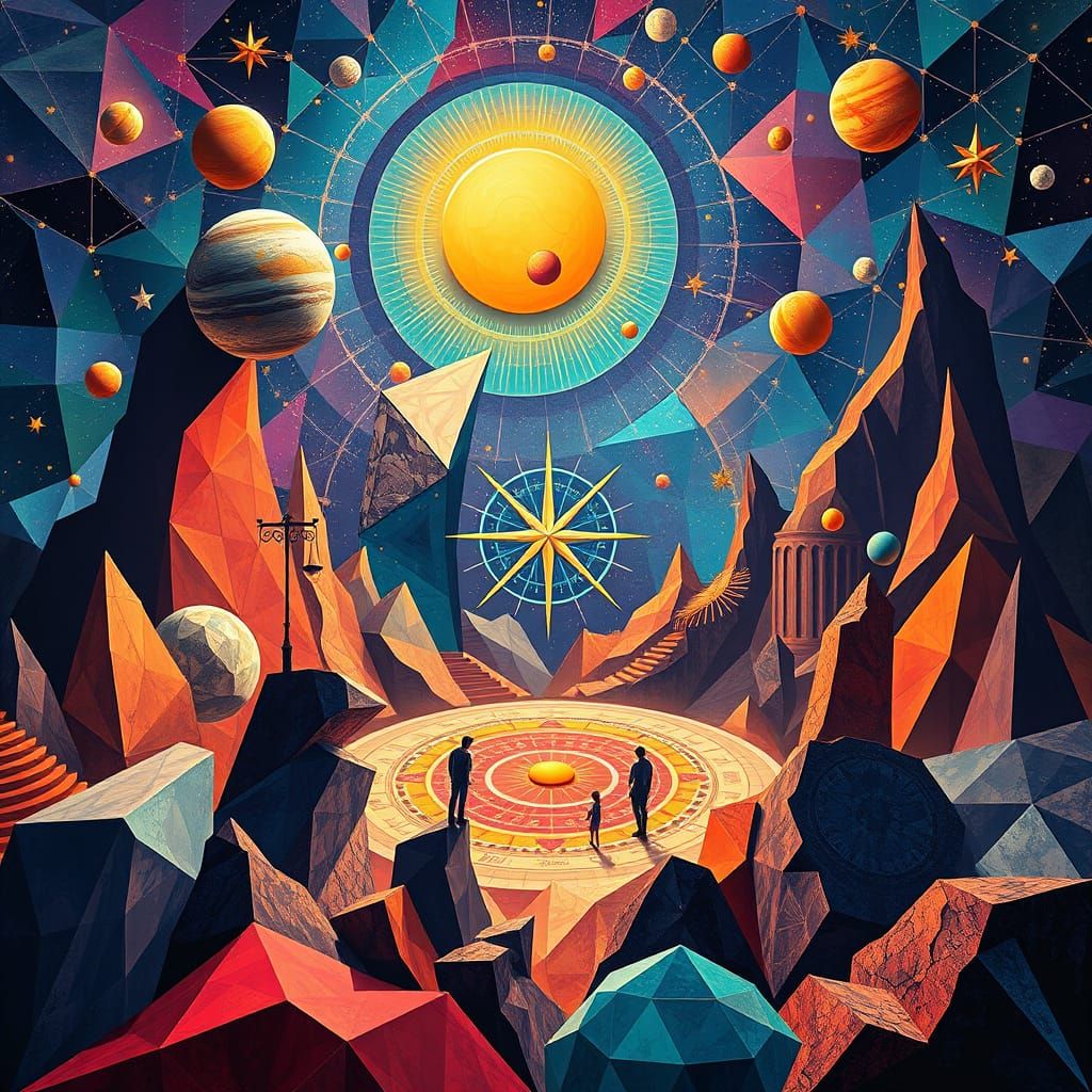 Surrealist Astrological Scene in Cubist Style
