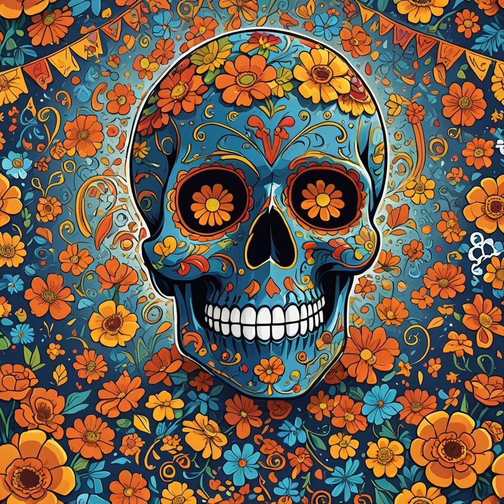 Day of the Dead Skull in Vibrant Anime Style