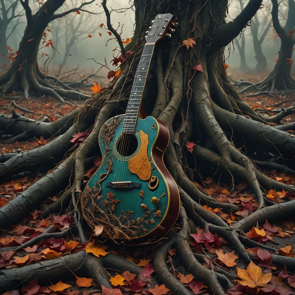 Melancholic Living Guitar on Autumn Day: Digital Matte Paint...