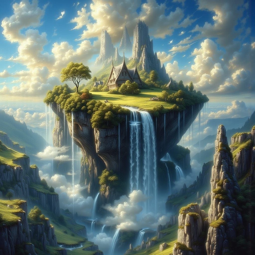 Fantasy Island in Deep Blue Sky, Classical Painting