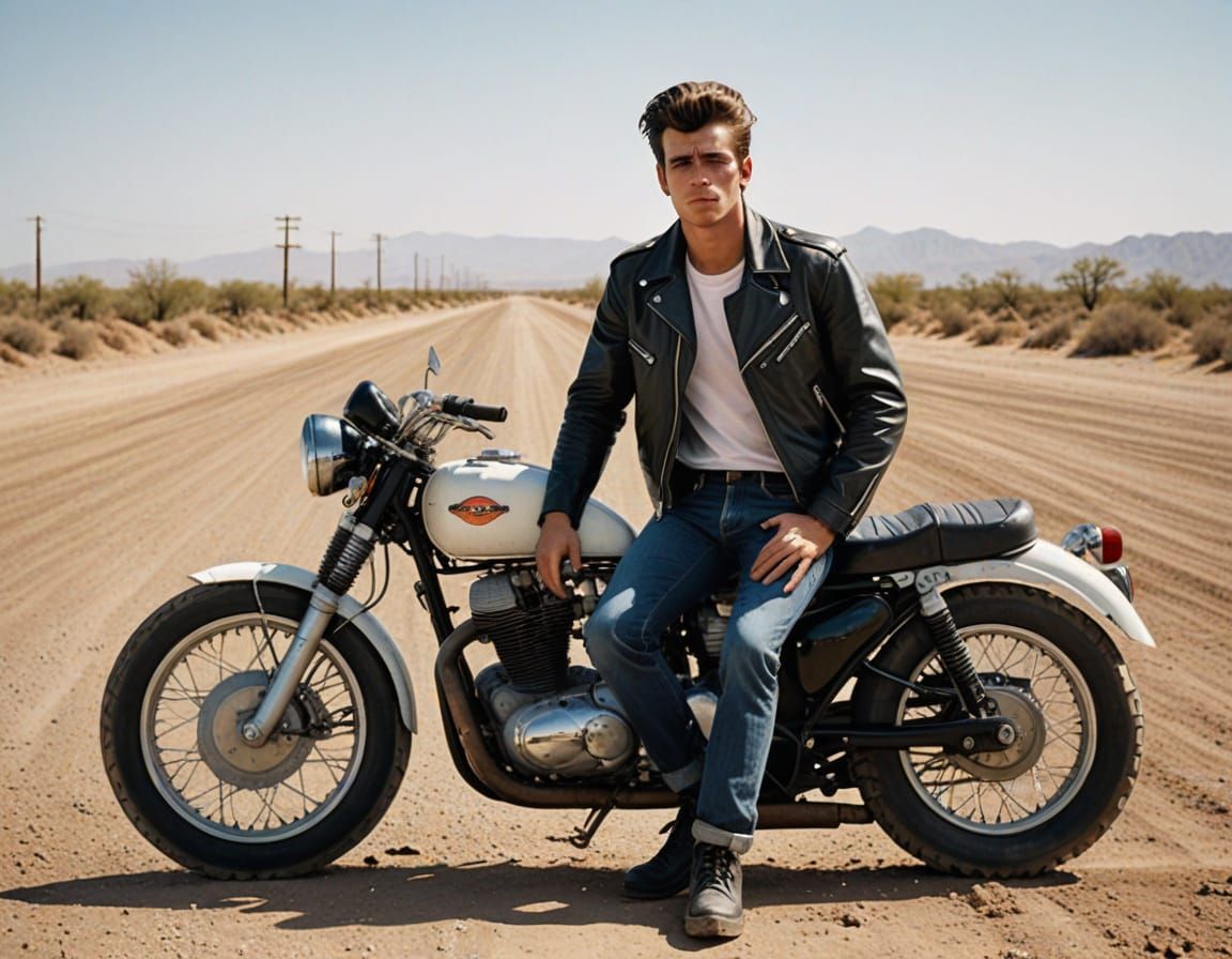 Greaser on 1950s Motorcycle Against Desert Backdrop