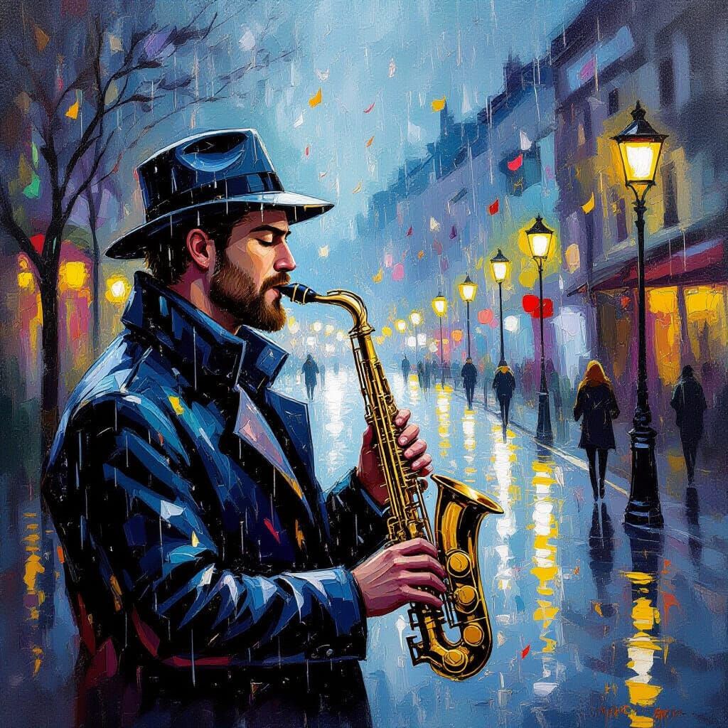 Man Plays Flute in Magical Rain of Musical Notes