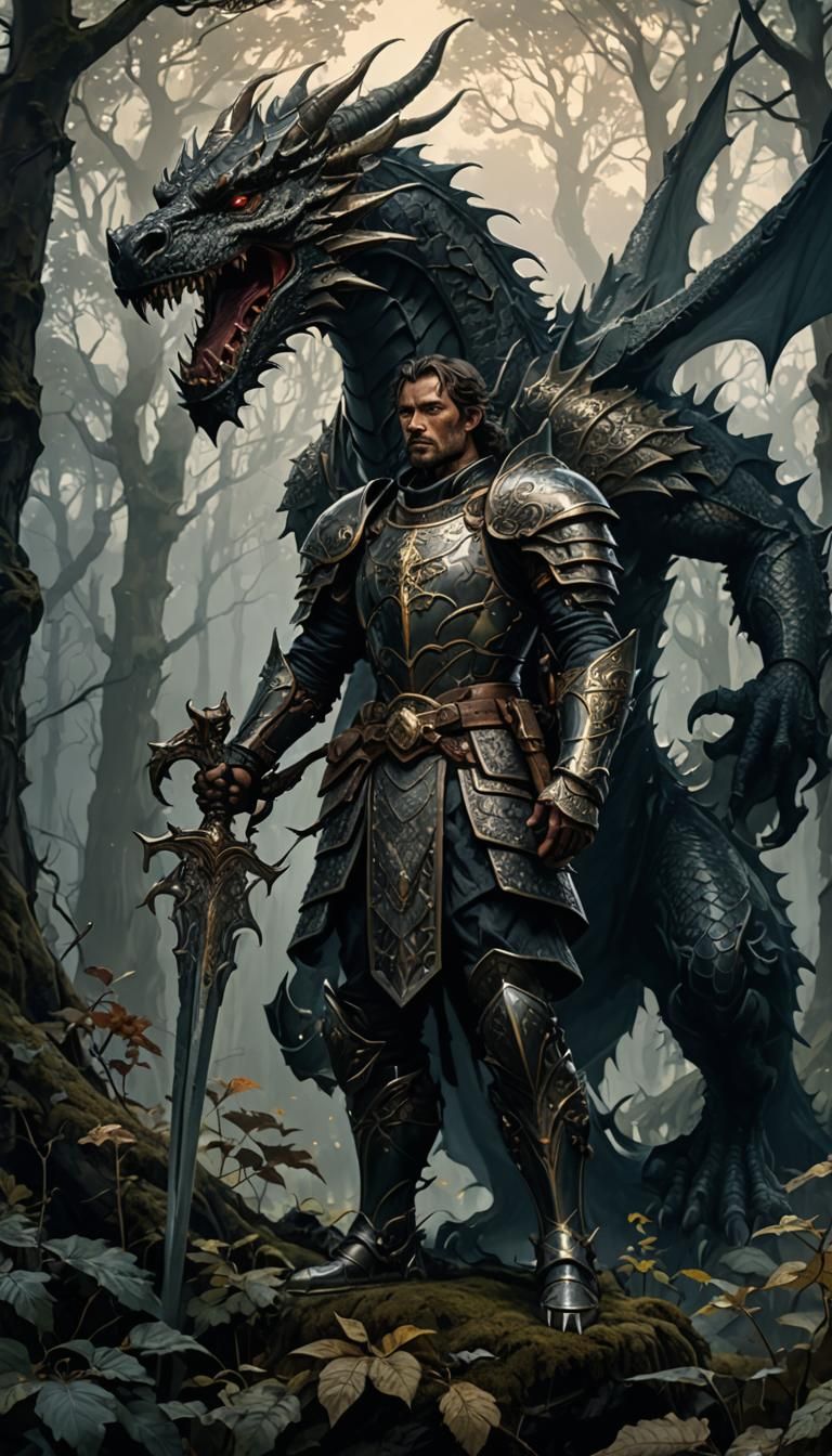 Victorious Dragon Slayer in Dark Fantasy Forest