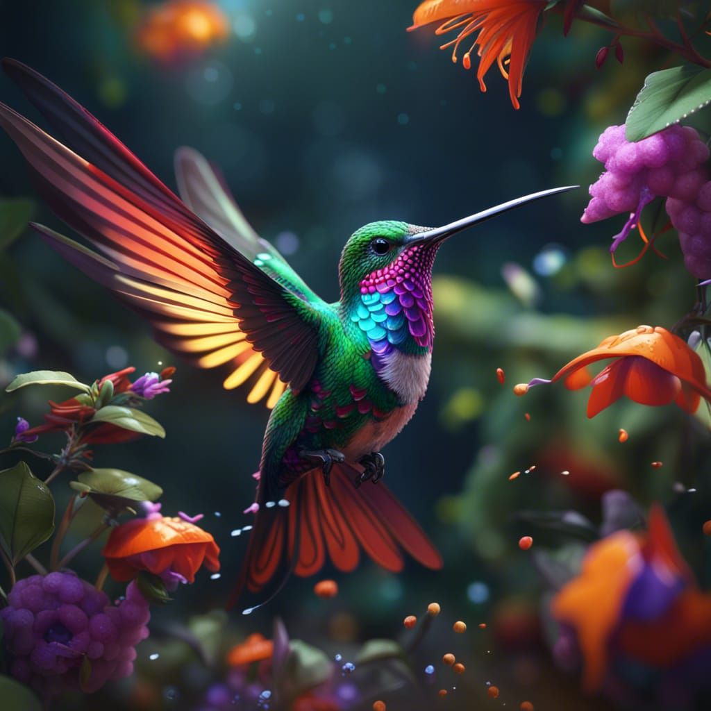 Majestic Hummingbird Feeding: Detailed Fantasy Art