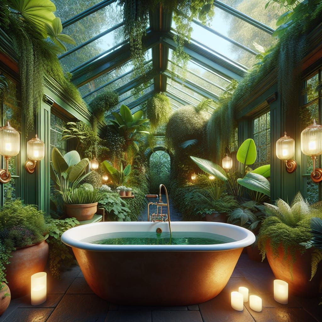 Tranquil Greenhouse Bath Surrounded by Lush Plants