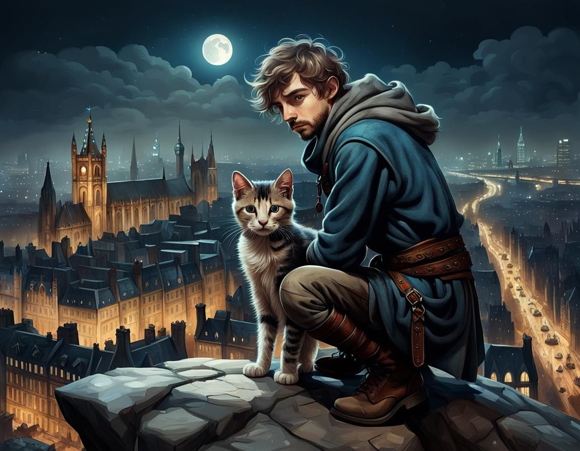 Dreamy Medieval London Scene with Boy and Kitten