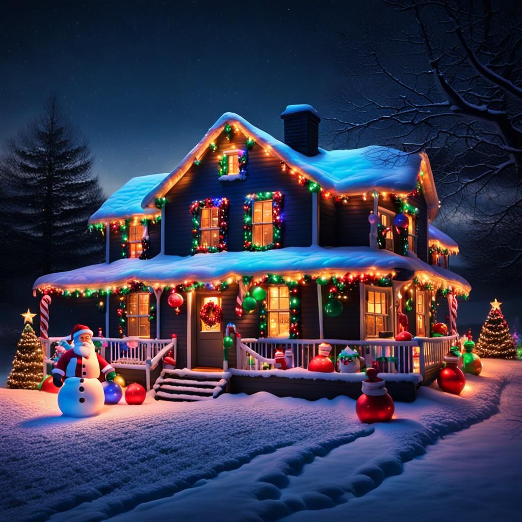 Festive Farmhouse Aglow with Christmas Lights