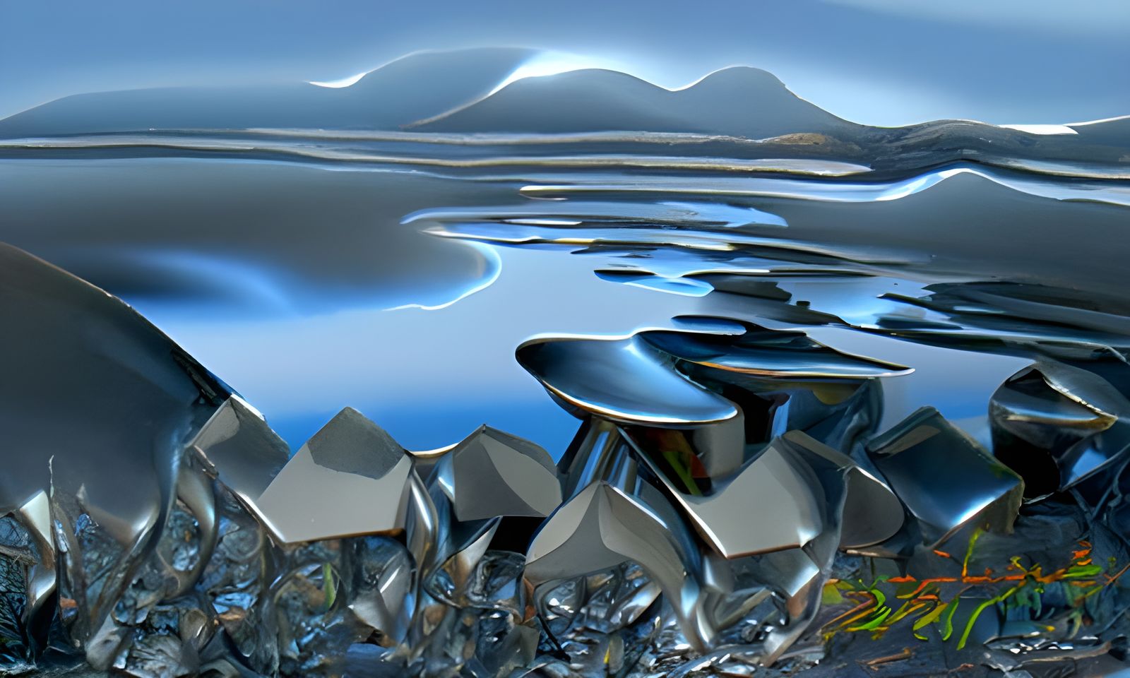 Metallic Alien Landscape with Liquid Bismuth Lakes