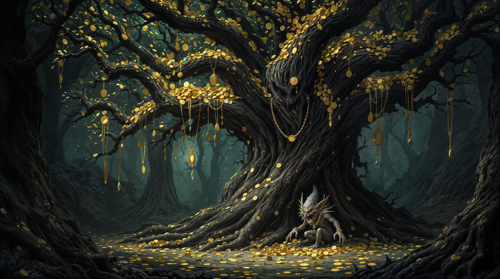 Ancient Tree of Avarice in Dark, Golden Forest