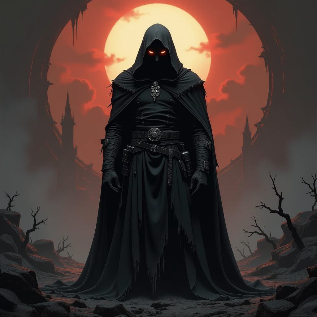 Ominous Figure in Hellish Landscape: Surreal Dark Art