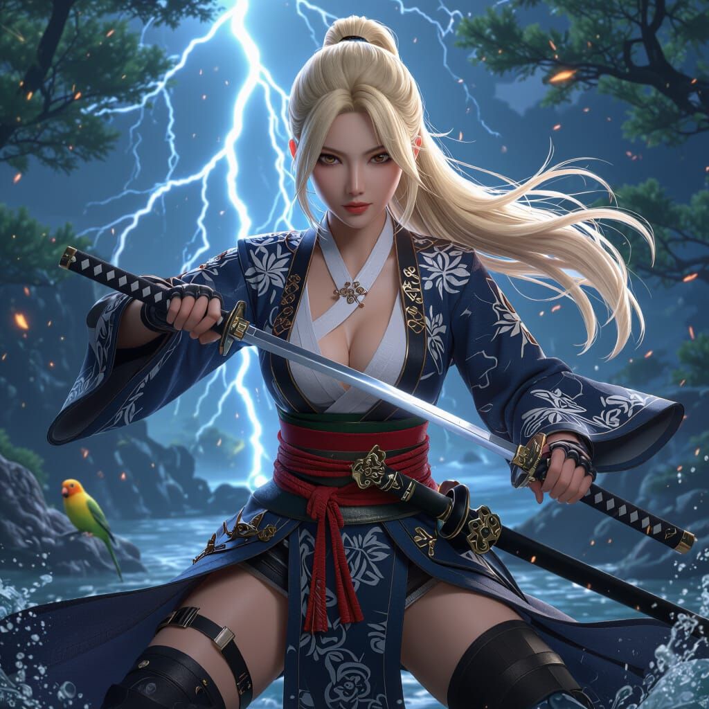 Asian Woman in High-Tech Korean Costume with Katana