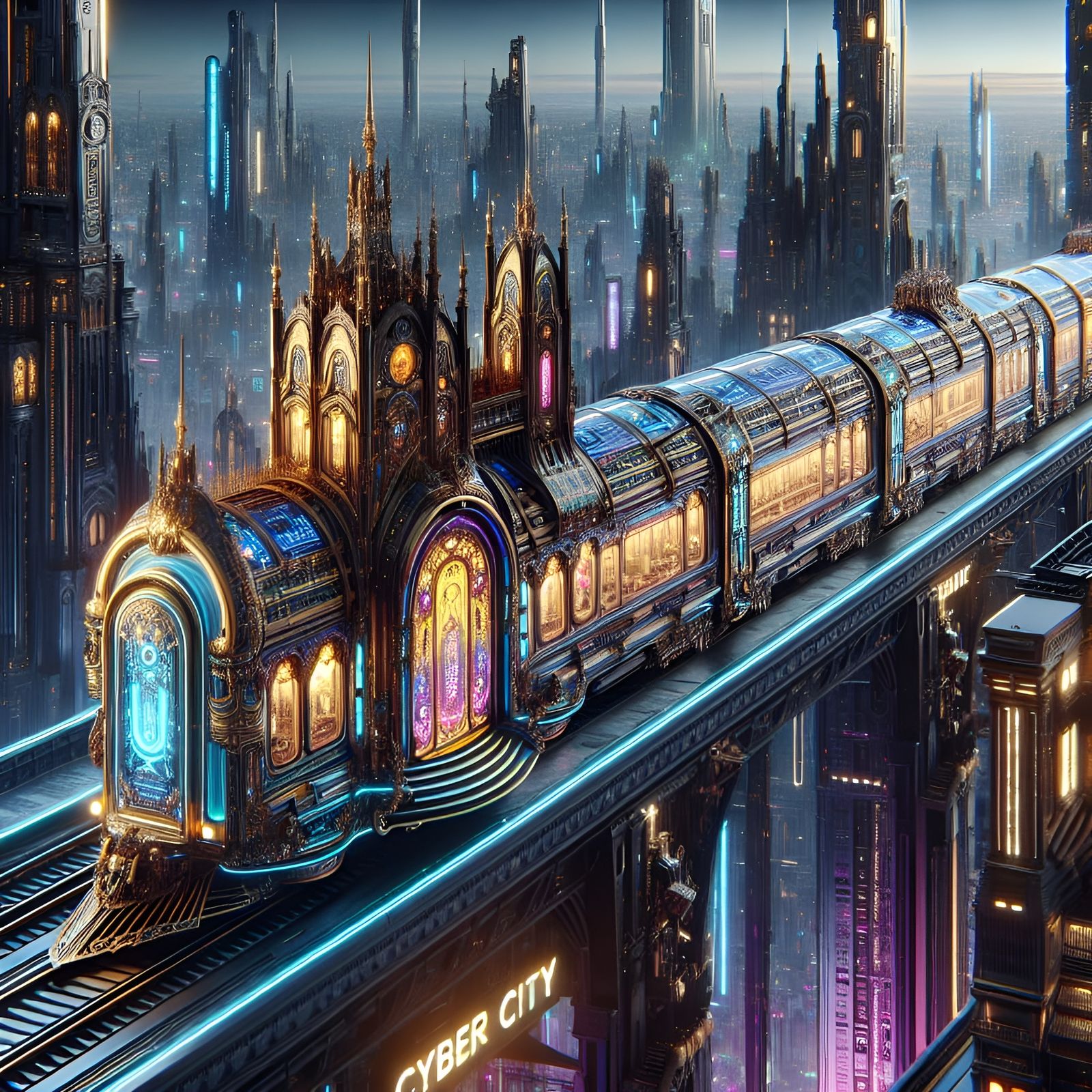Rococo Gothic Cyberpunk Train in Cyber City