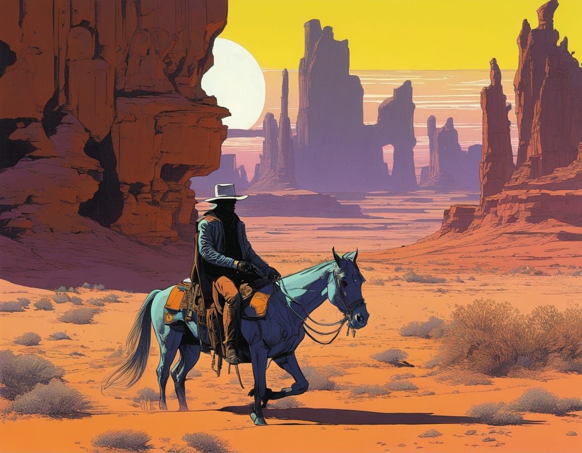 Cyberpunk Cowboy Rides Neon Horse on Alien Desert
