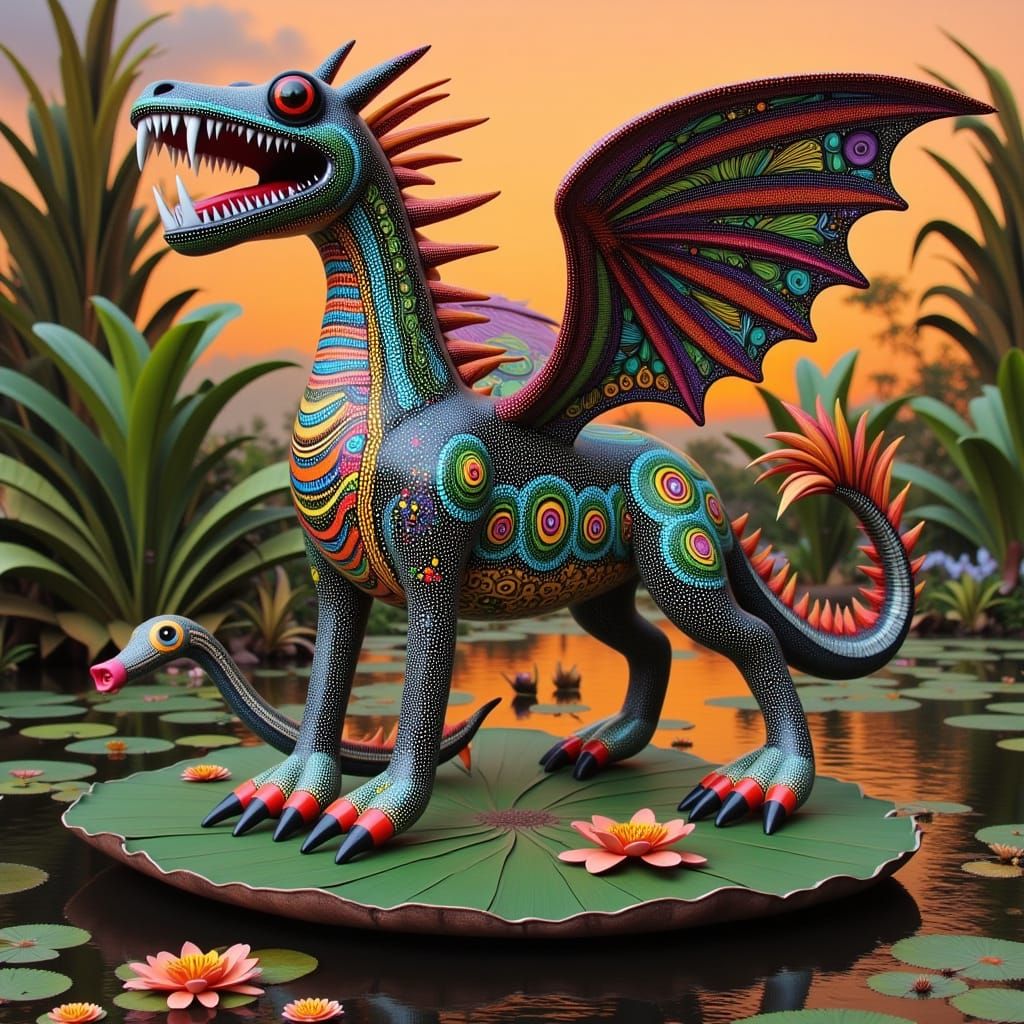 Surreal Frog-Horse-Dragon Hybrid on Lily Pad