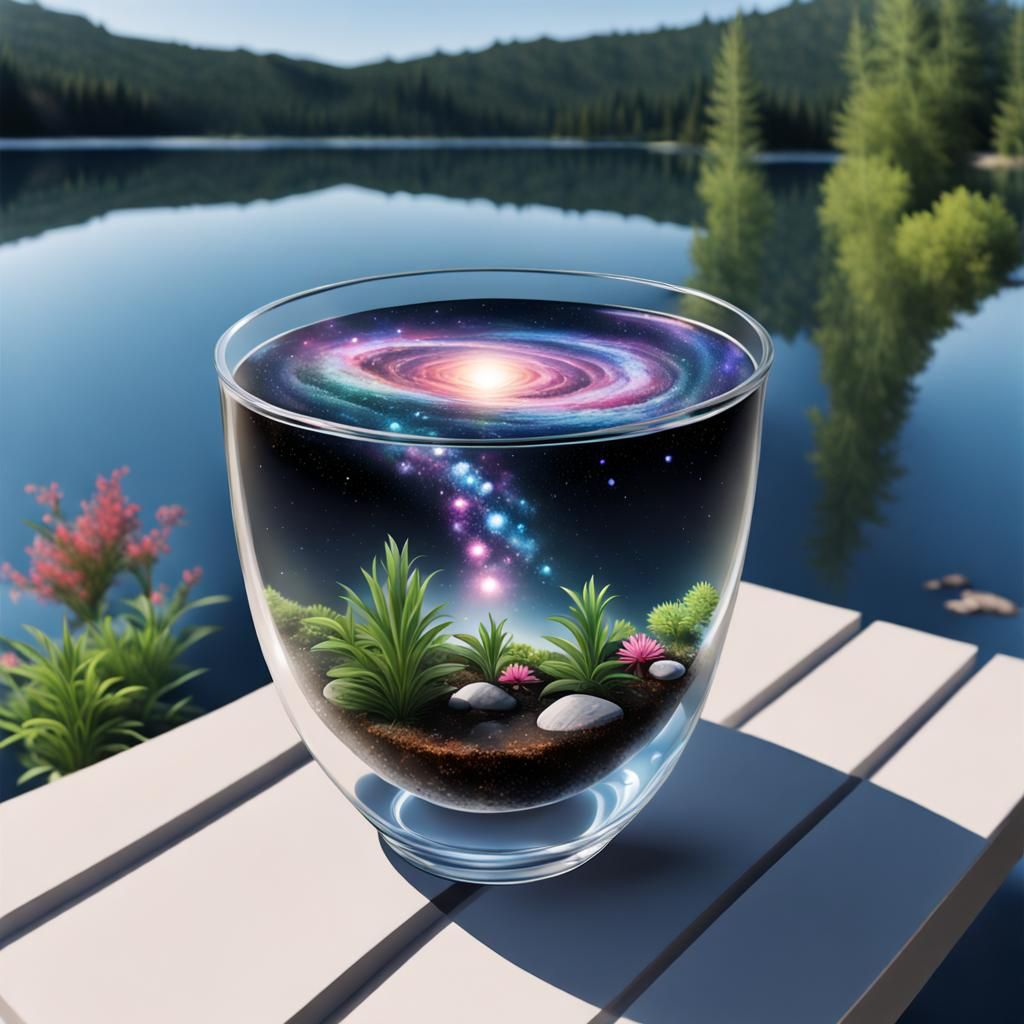 Galaxy in a Glass Cup with Lake