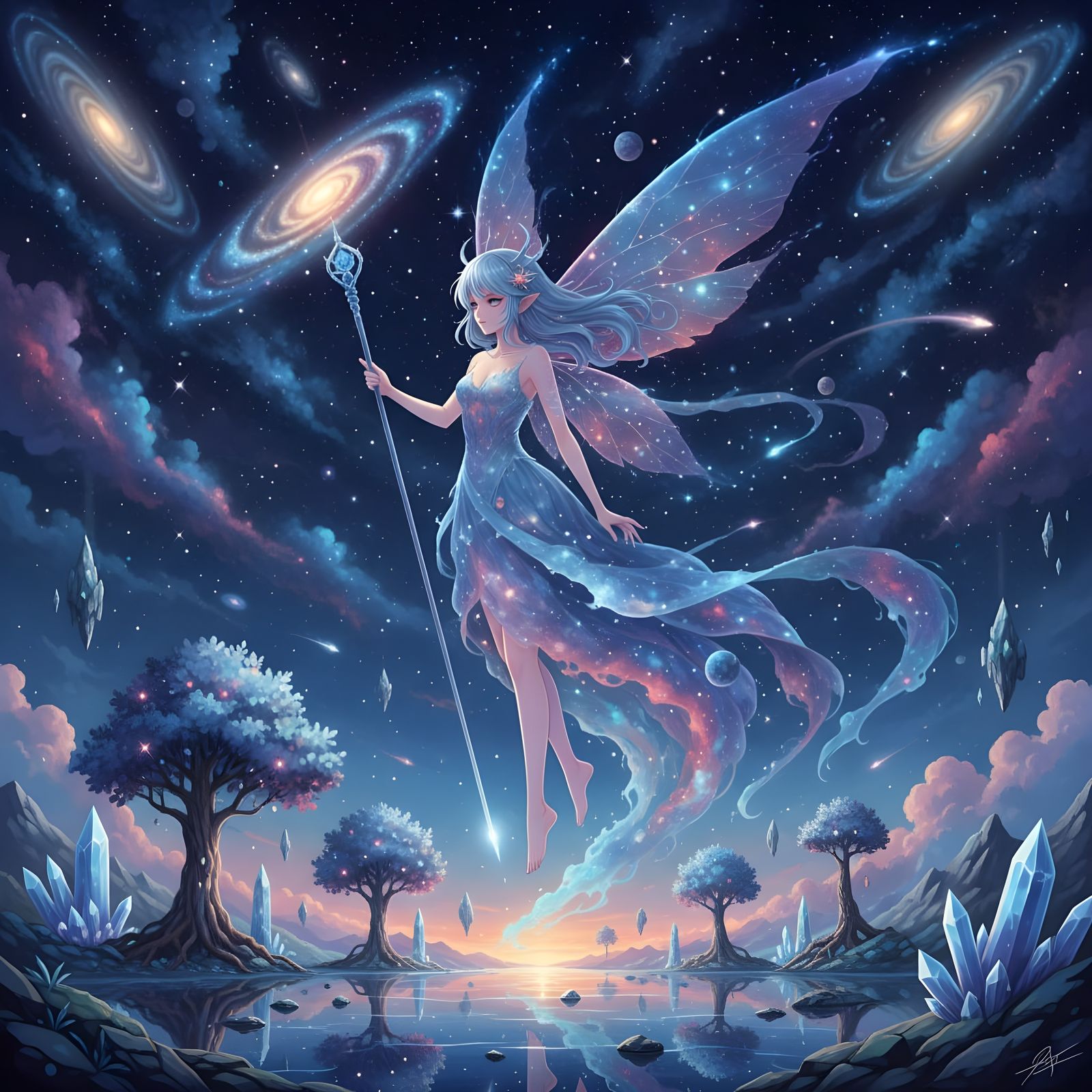 Surreal Nebula Fairy Among Stars, Realistic Anime Style