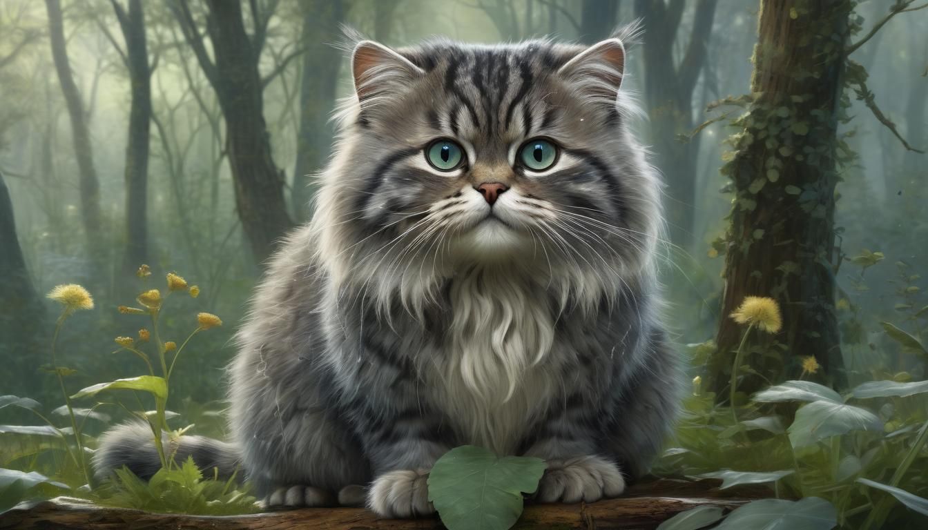 Fluffy Manul Cat in Enchanted Forest, Digital Art