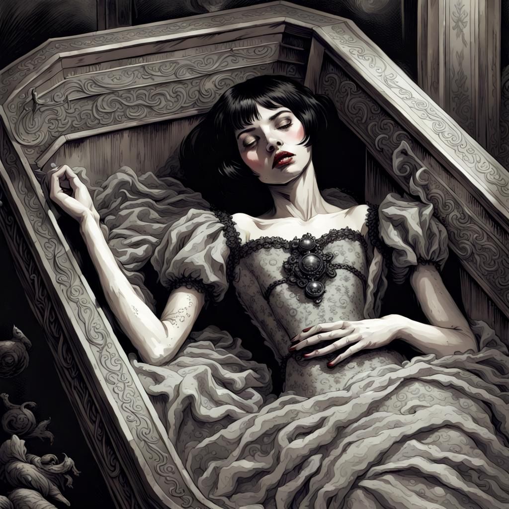 Sleeping Vampire in Ornate Coffin, Horror Art