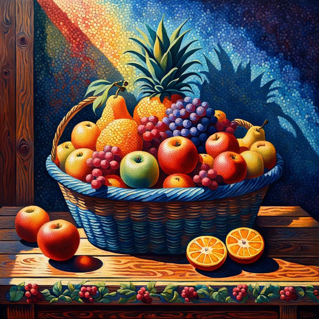 Pointillist Fruit Basket Still Life in Art Nouveau Style