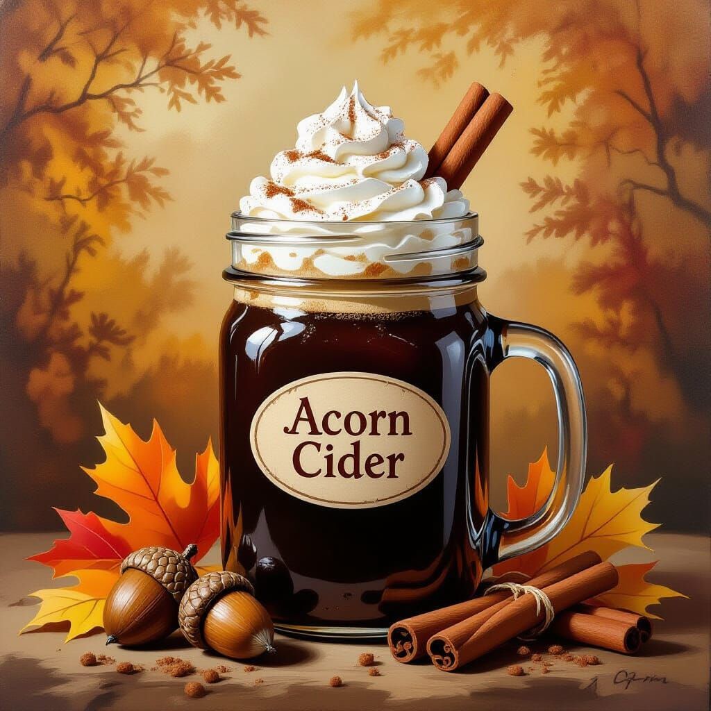 Autumn Cider in Mason Jar with Acorn Garnish