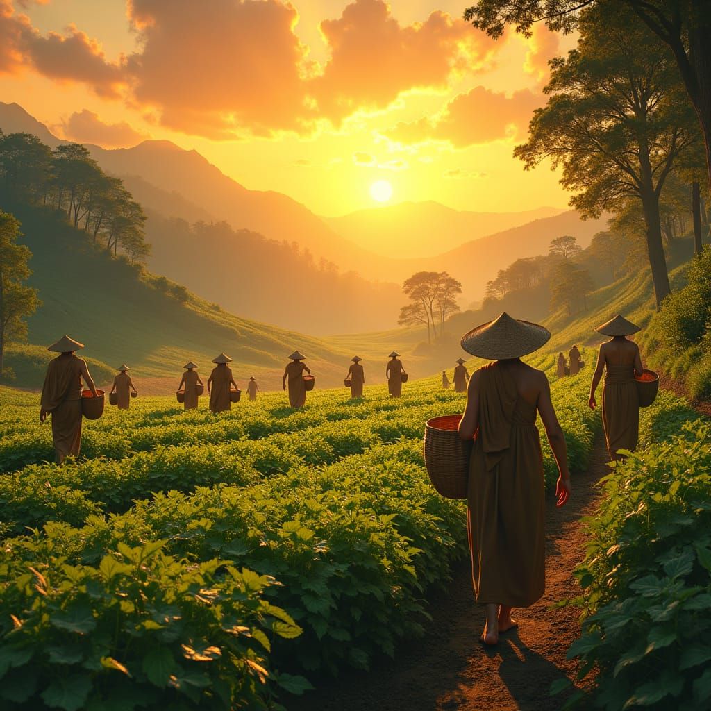 Villagers Working Fields Under Blazing Sun