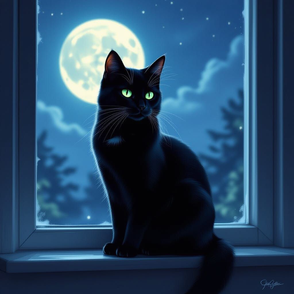 Sleek Black Cat on Moonlit Windowsill