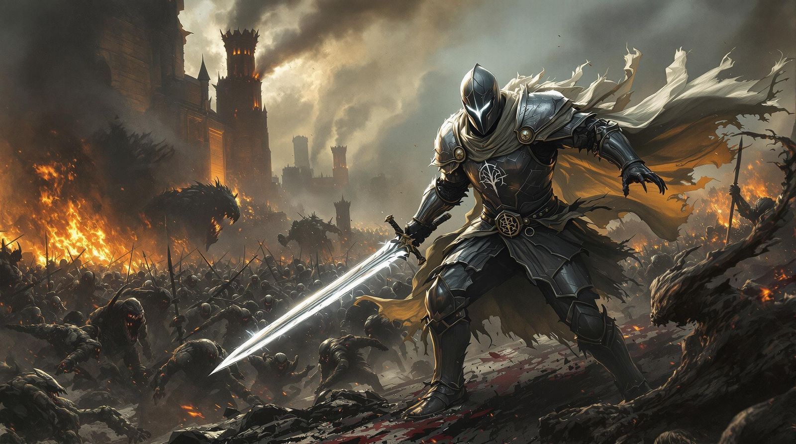 Valiant Knight's Stand Against Grotesque Orcs in Fiery Battl...