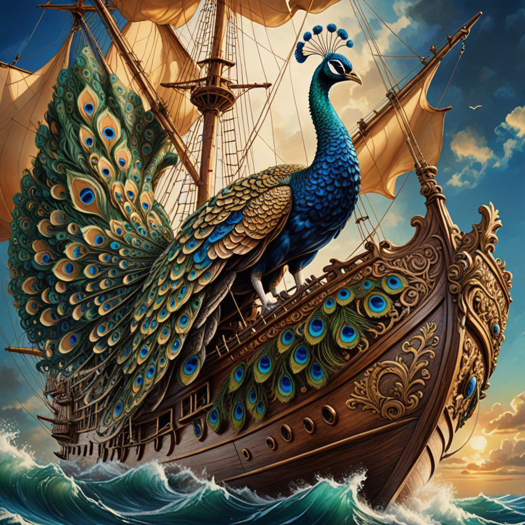 Sailing Ship with Peacock Figurehead in Baroque Style