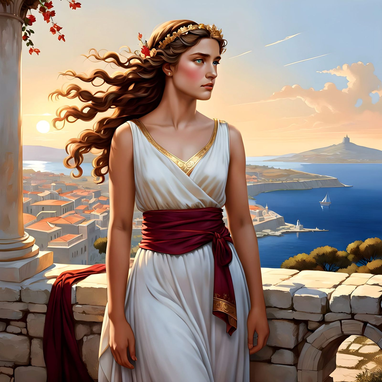 Regal 13th Century Greek Goddess of Beauty Amidst Ancient Tr...