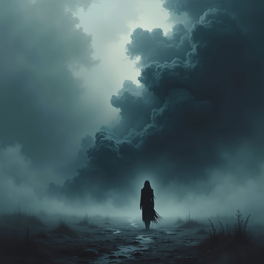 Melancholic Figure Lost in Desolate Landscape