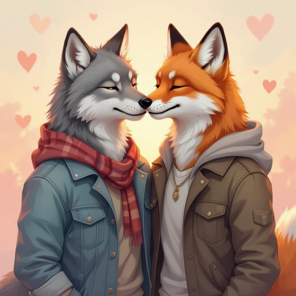 Tender Kiss Between Wolf and Fox in Pastel Colors
