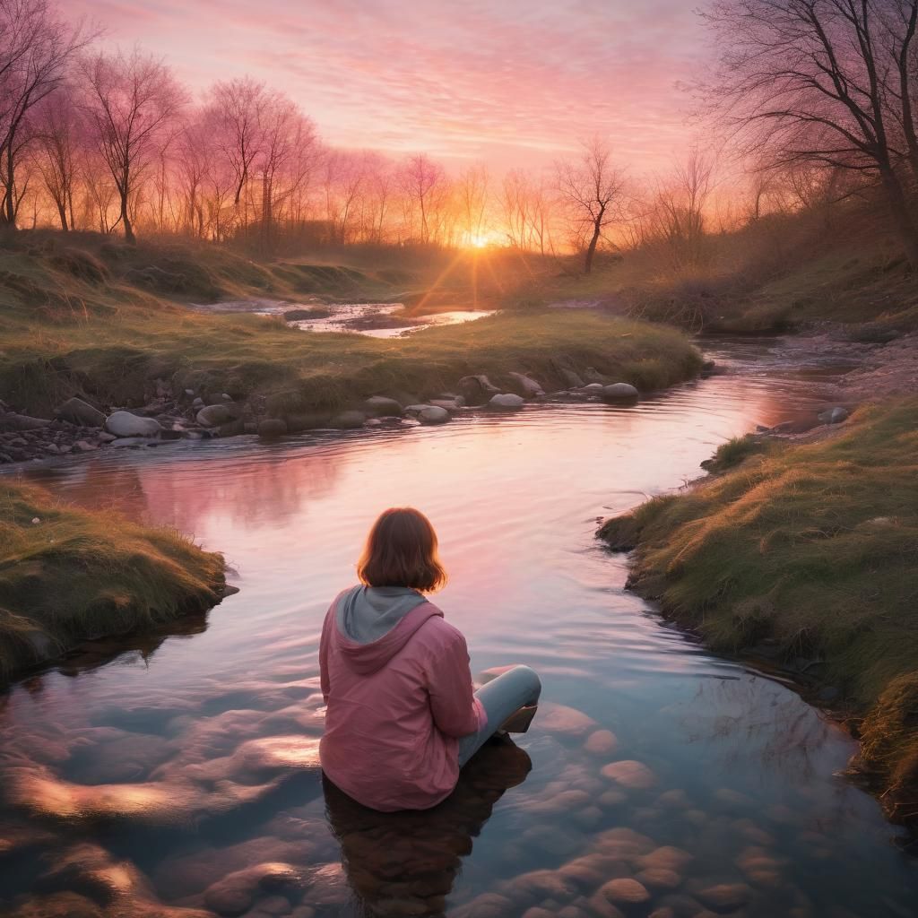 You find a comfortable spot by the water's edge, where you can sit and watch the sunset over the brook. The water reflec...