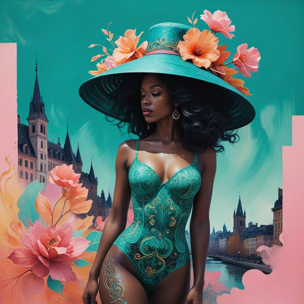 Woman in Zentangle Bodysuit, Pinup Pose, Vibrant Watercolor ...