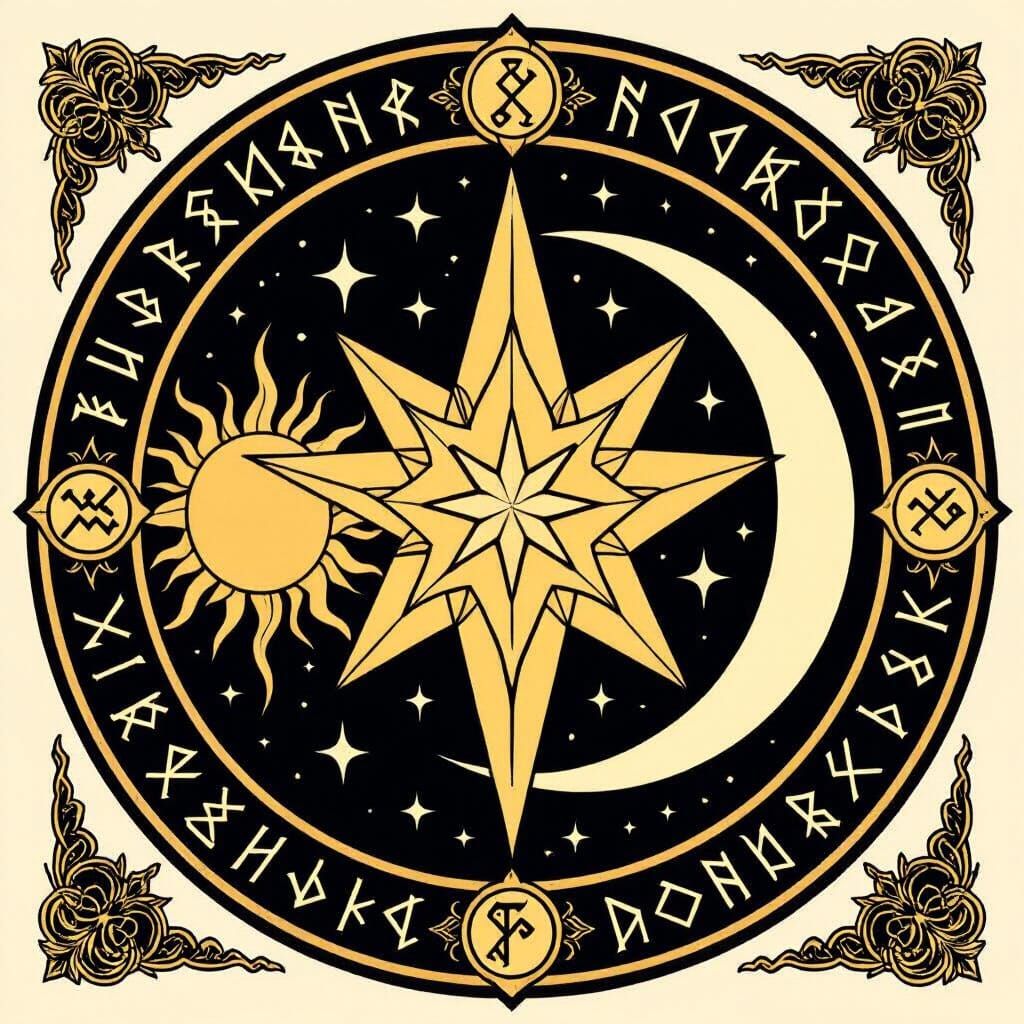 Magic Seal with Star, Moon, and Sun in Art Nouveau Style